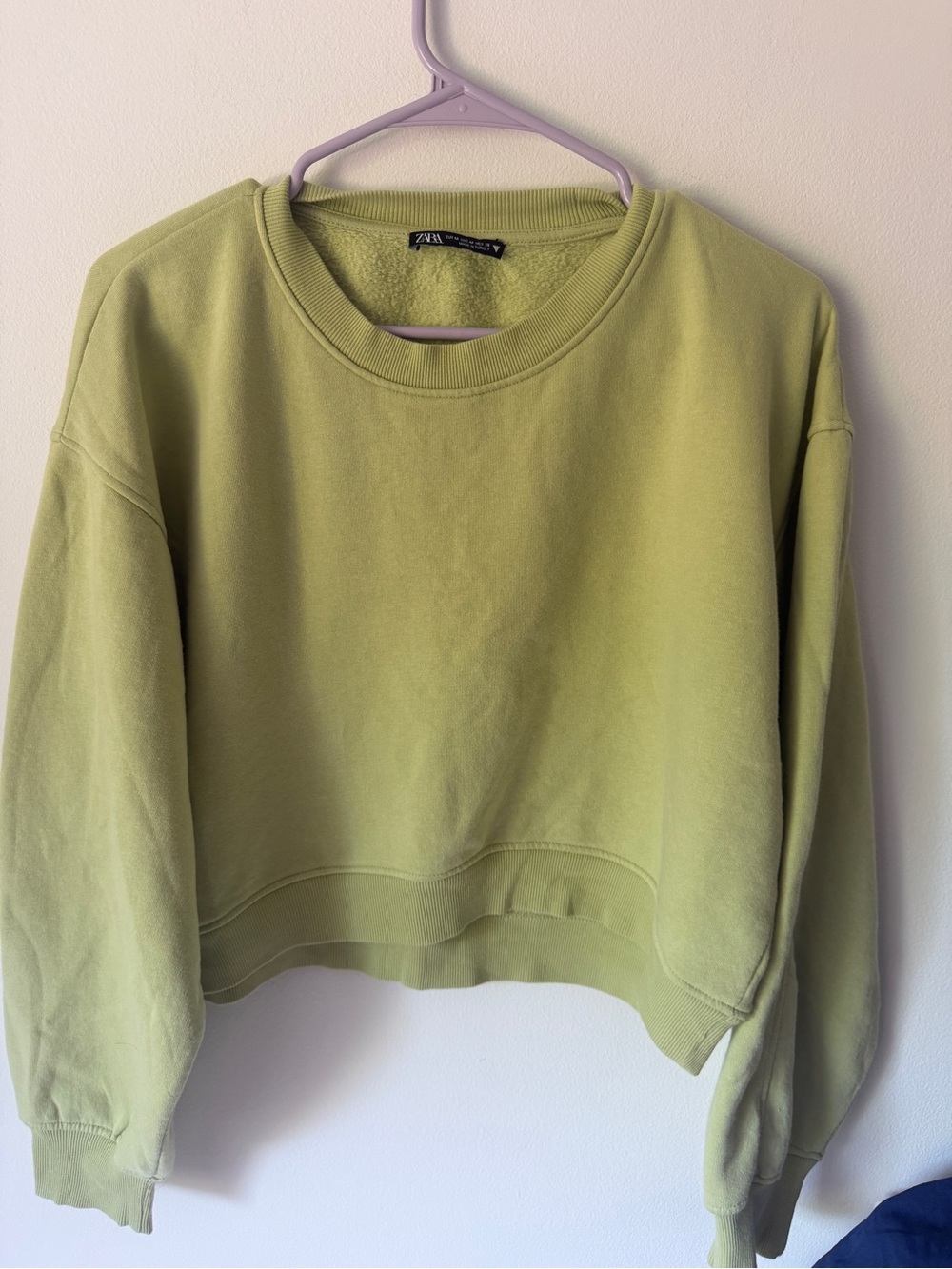 ZARA Light Olive Green Cropped Crewneck Sweatshirt
